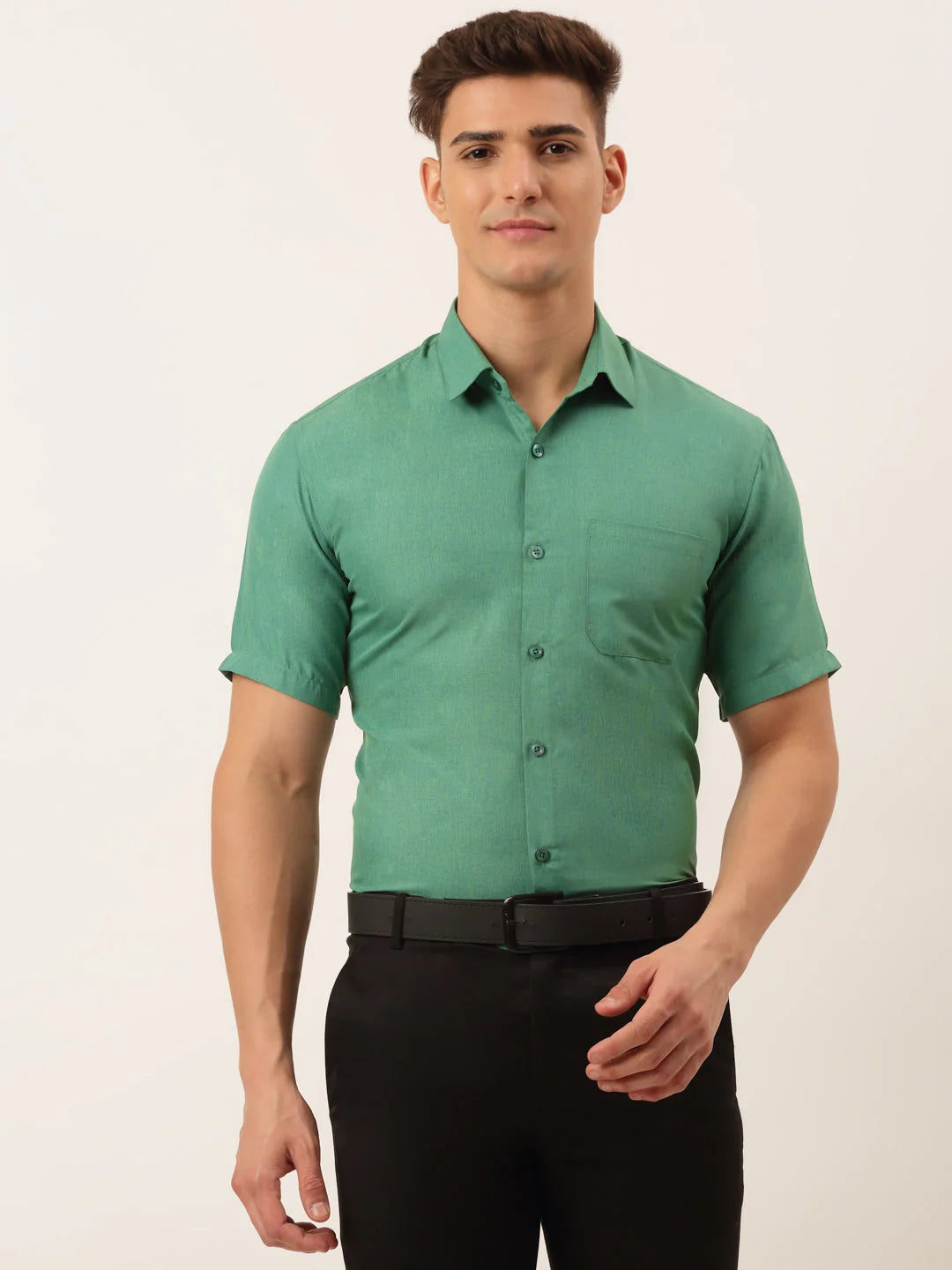 Indian Needle Men's Cotton Solid Half Sleeve Formal Shirts-SF-811Green