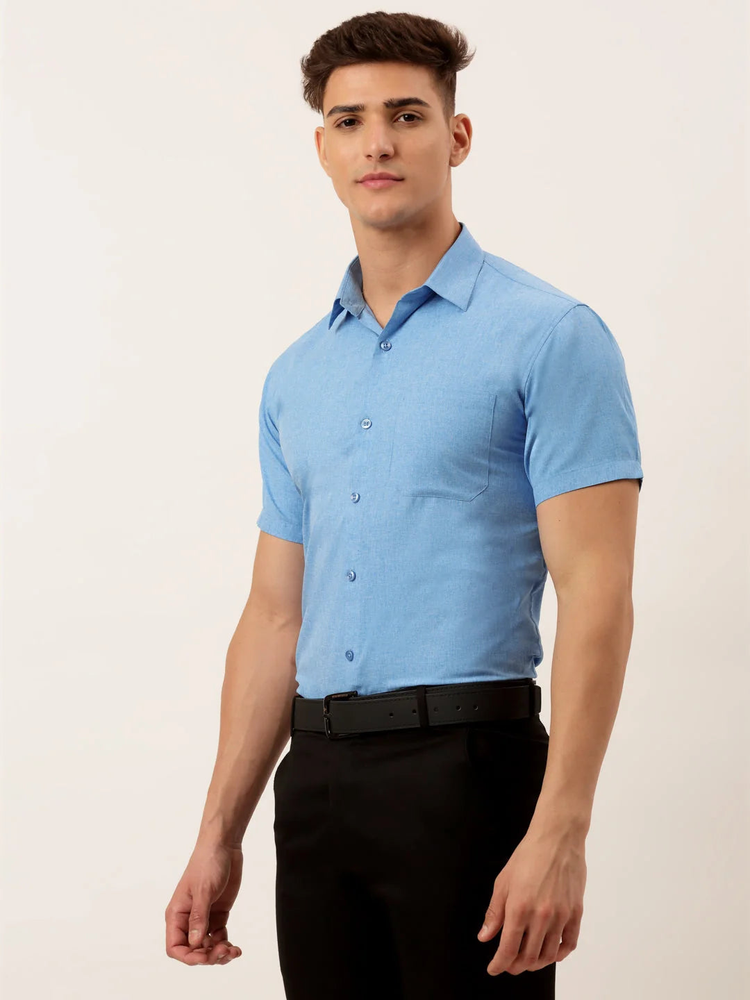 Indian Needle Men's Blue Solid Half Sleeve Cotton Formal Shirt