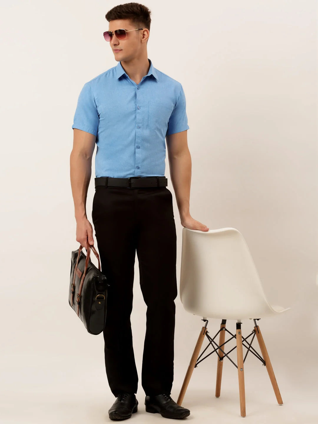 Indian Needle Men's Blue Solid Half Sleeve Cotton Formal Shirt