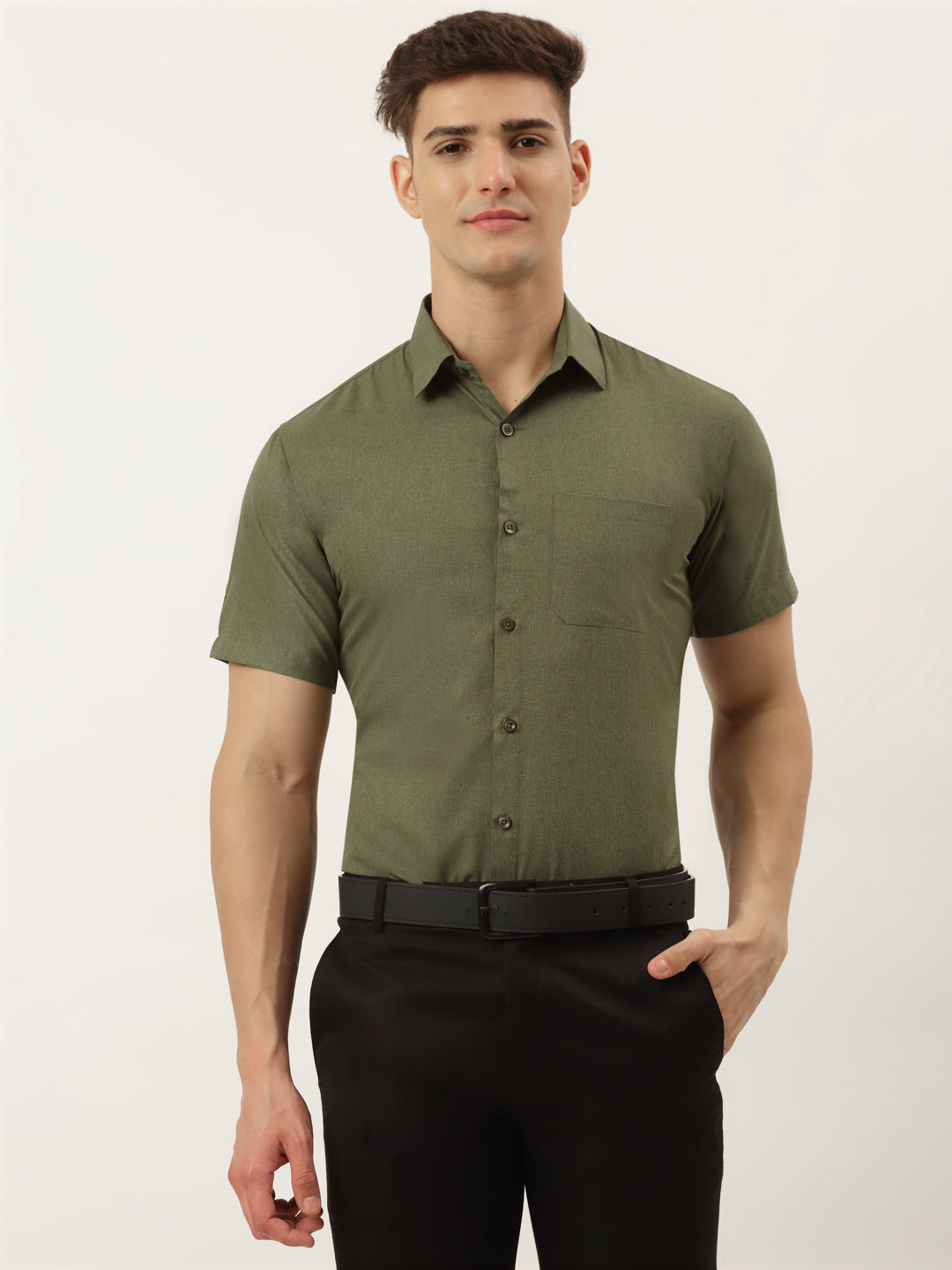 Indian Needle Men's Cotton Solid Half Sleeve Formal Shirts-SF-811Olive