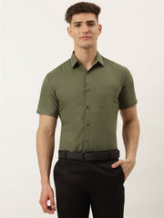 Indian Needle Men's Cotton Solid Half Sleeve Formal Shirts-SF-811Olive