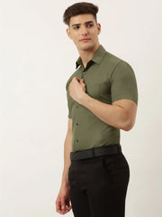 Indian Needle Men's Cotton Solid Half Sleeve Formal Shirts-SF-811Olive
