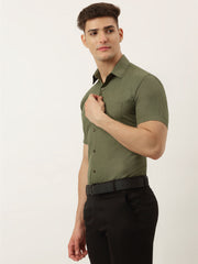 Indian Needle Men's Cotton Solid Half Sleeve Formal Shirts-SF-811Olive