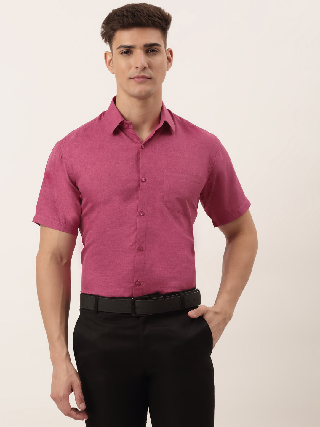 Indian Needle Men's Cotton Solid Half Sleeve Formal Shirts-SF-811Pink