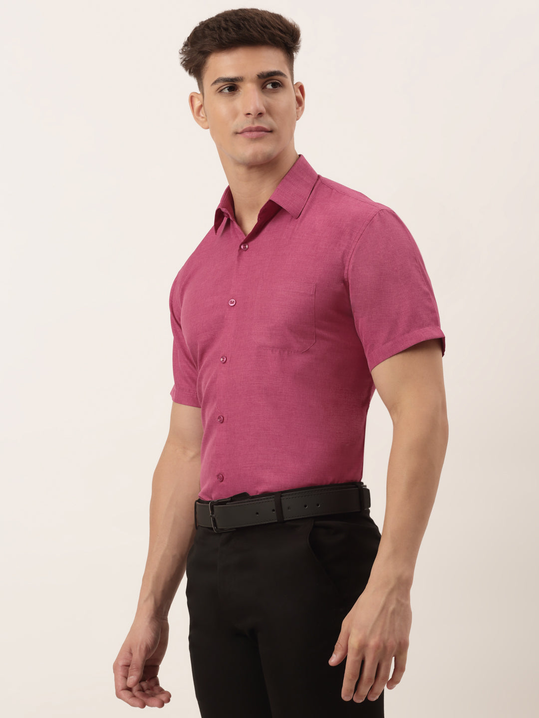 Indian Needle Men's Pink Solid Half Sleeve Cotton Formal Shirt