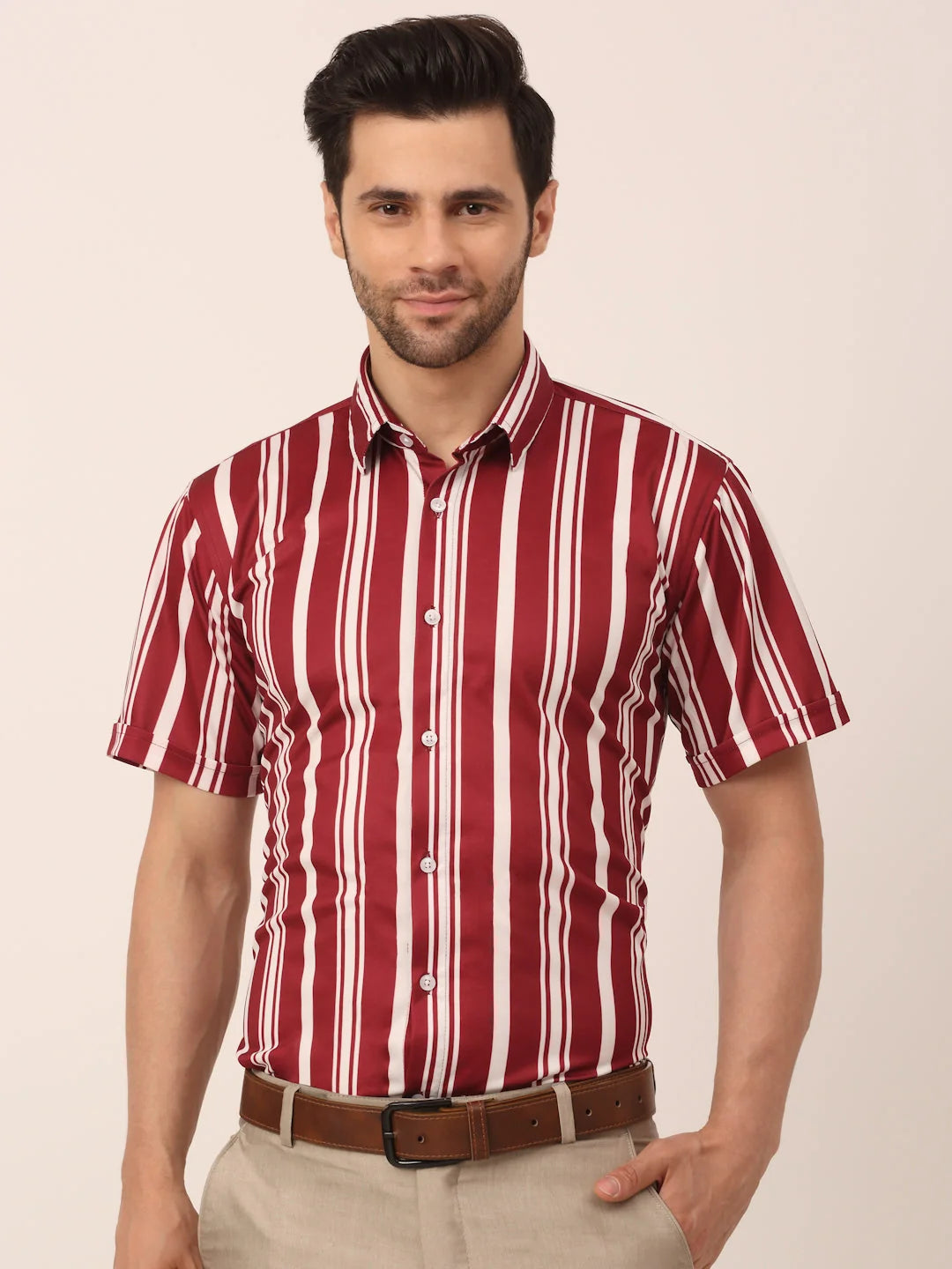 Indian Needle Men's Lycra Striped Half Sleeve Formal Shirts-SF-812Maroon