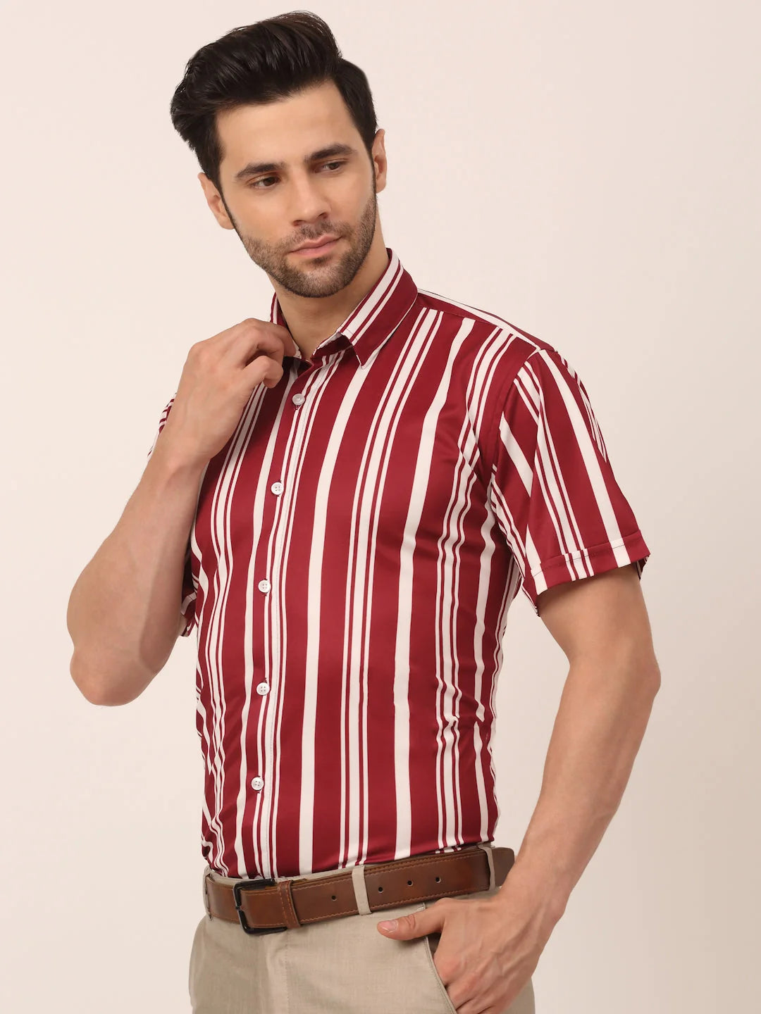 Indian Needle Men's Maroon Striped Half Sleeve Formal Shirt