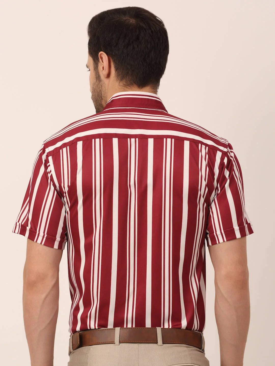 Indian Needle Men's Maroon Striped Half Sleeve Formal Shirt