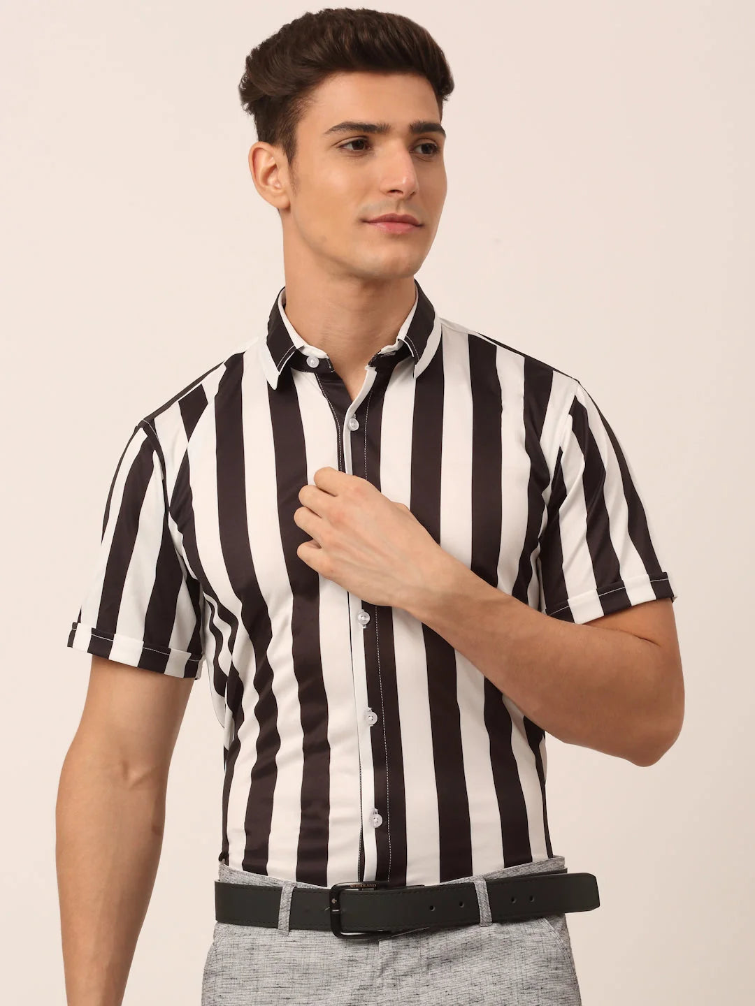 Indian Needle Men's Lycra Striped Half Sleeve Formal Shirts-SF-812White