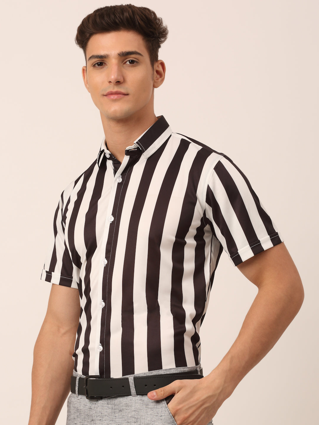 Indian Needle Men's White Striped Half Sleeve Formal Shirt