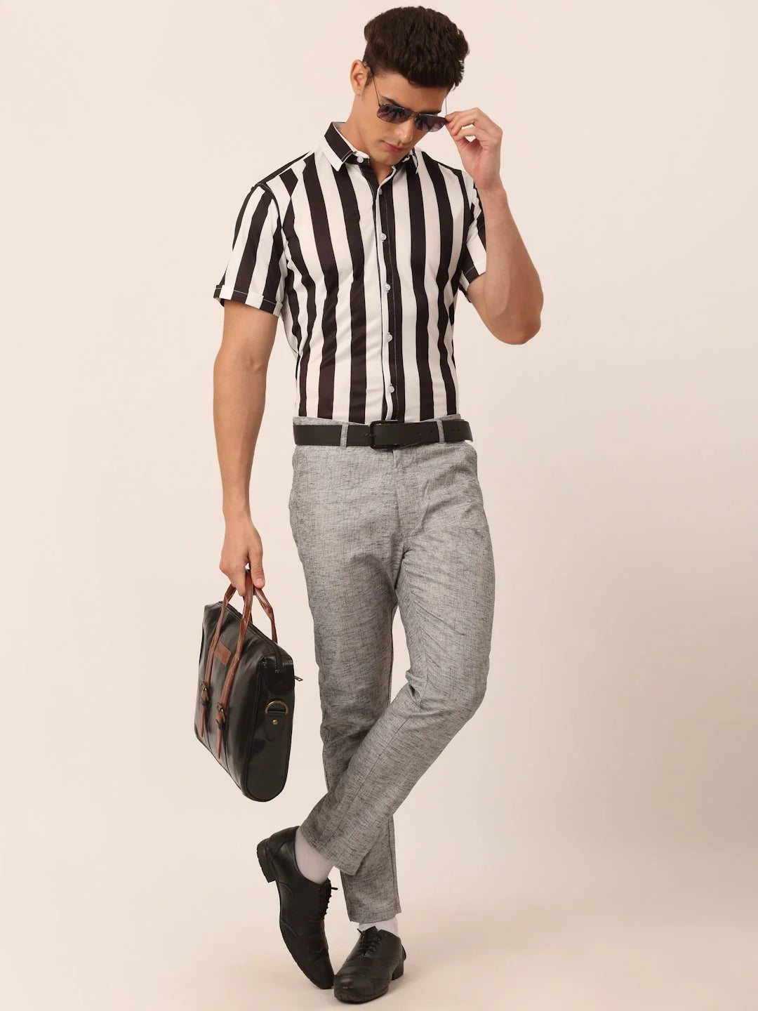 Indian Needle Men's White Striped Half Sleeve Formal Shirt