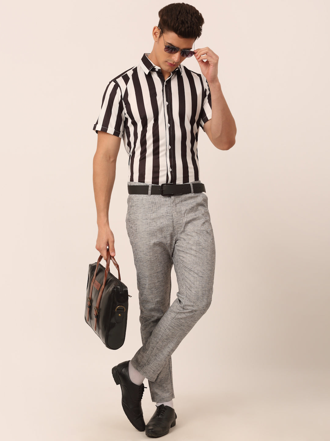 Indian Needle Men's White Striped Half Sleeve Formal Shirt