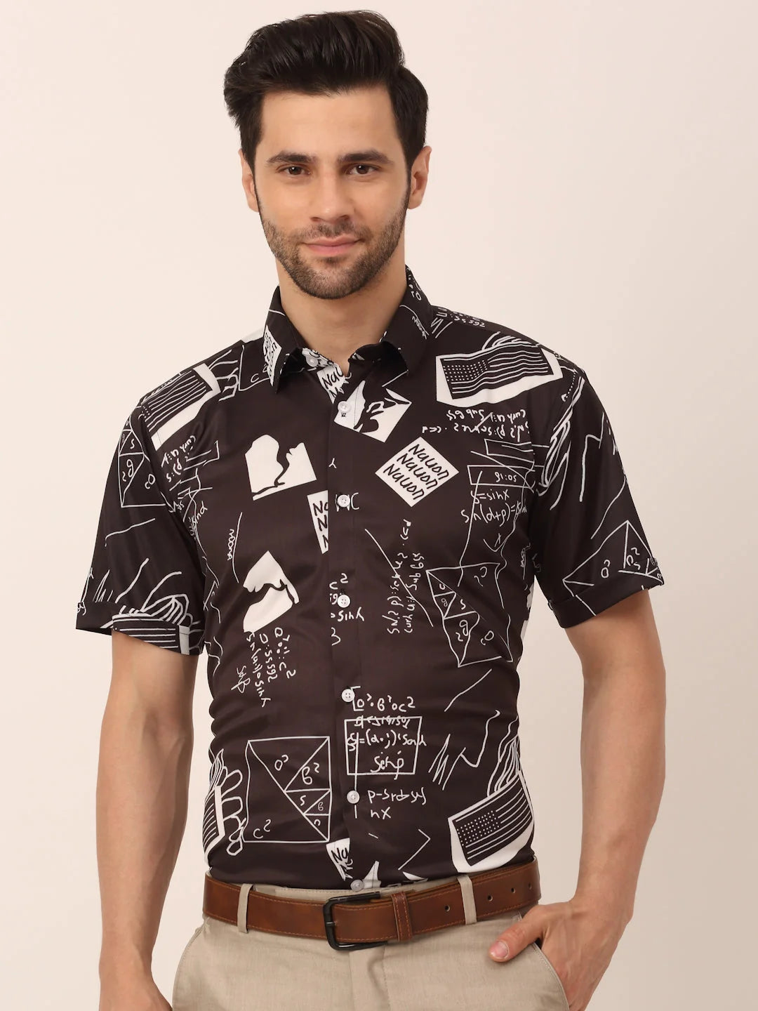 Men's Black Printed Formal Shirts - Lycra Half Sleeve Style