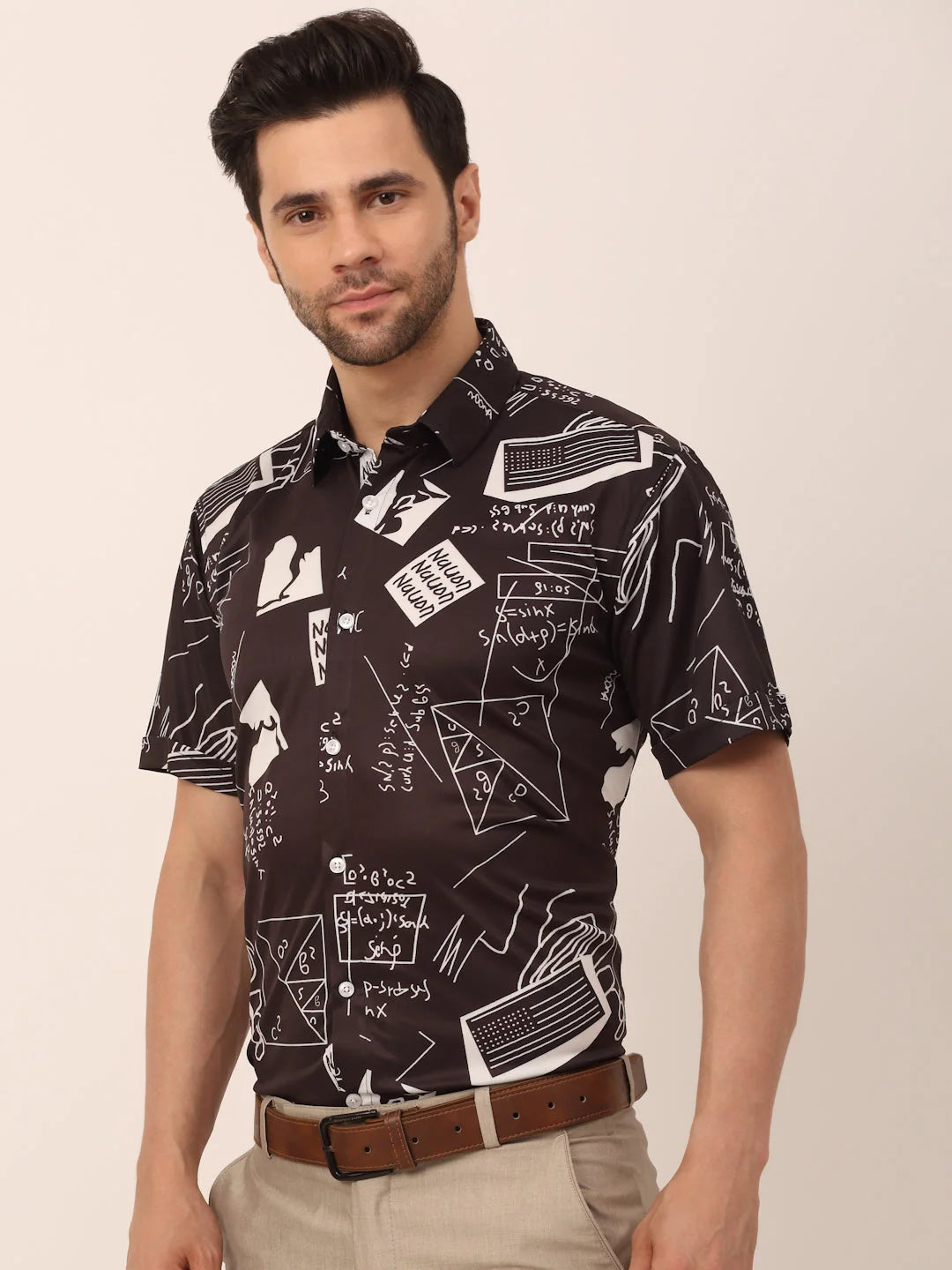 Men's Black Printed Formal Shirts - Lycra Half Sleeve Style