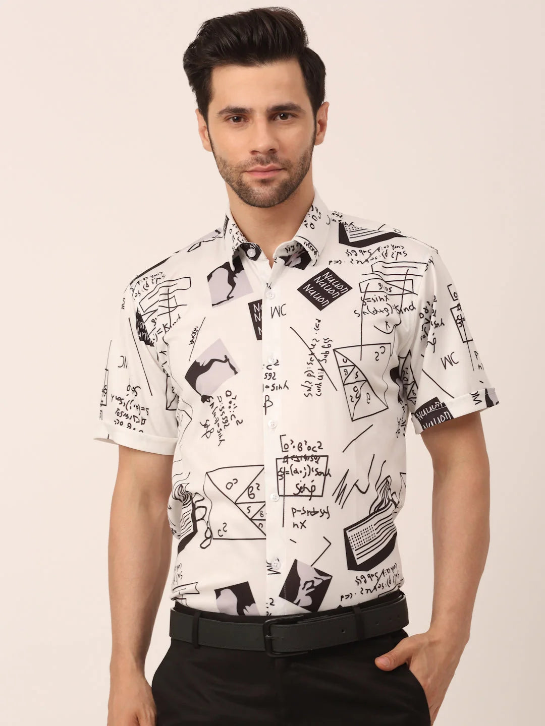 Indian Needle Men's Lycra Printed Half Sleeve Formal Shirts-SF-813White