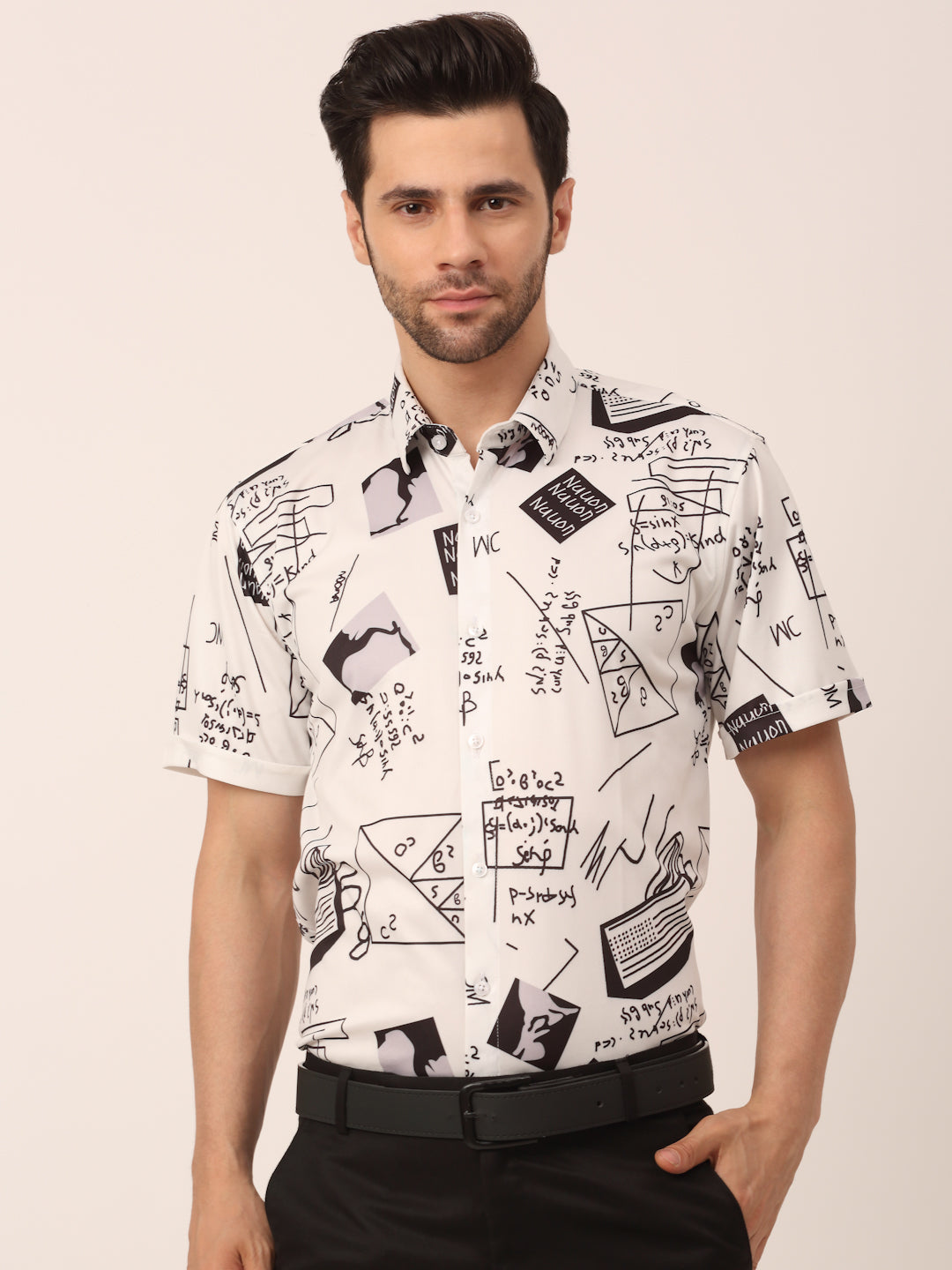 Indian Needle Men's Lycra Printed Half Sleeve Formal Shirts-SF-813White