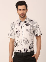 Indian Needle Men's Lycra Printed Half Sleeve Formal Shirts-SF-813White
