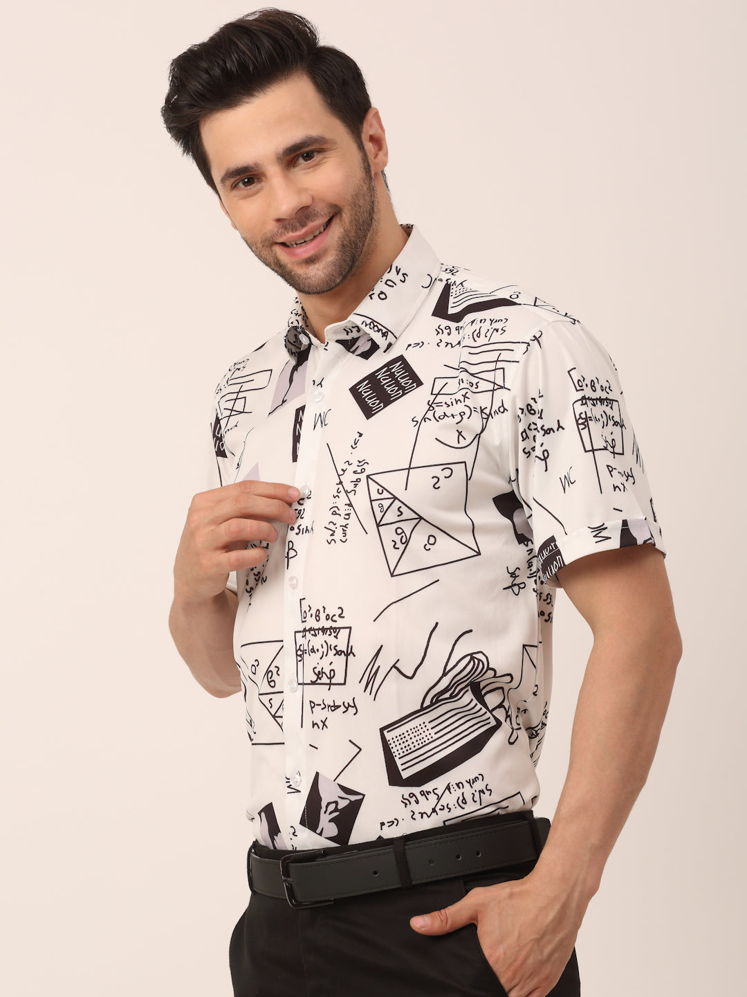 Indian Needle Men's White Printed Half Sleeve Formal Shirt