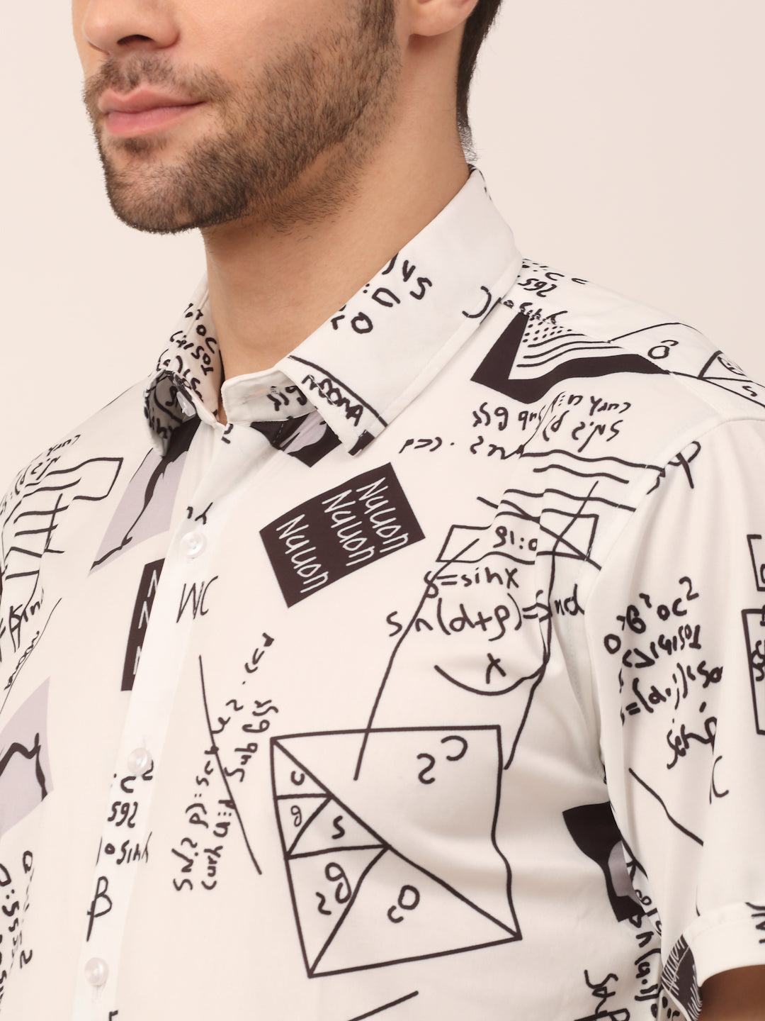 Indian Needle Men's White Printed Half Sleeve Formal Shirt