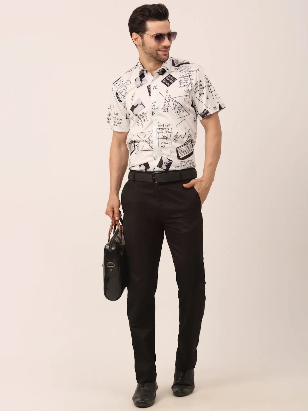 Indian Needle Men's White Printed Half Sleeve Formal Shirt