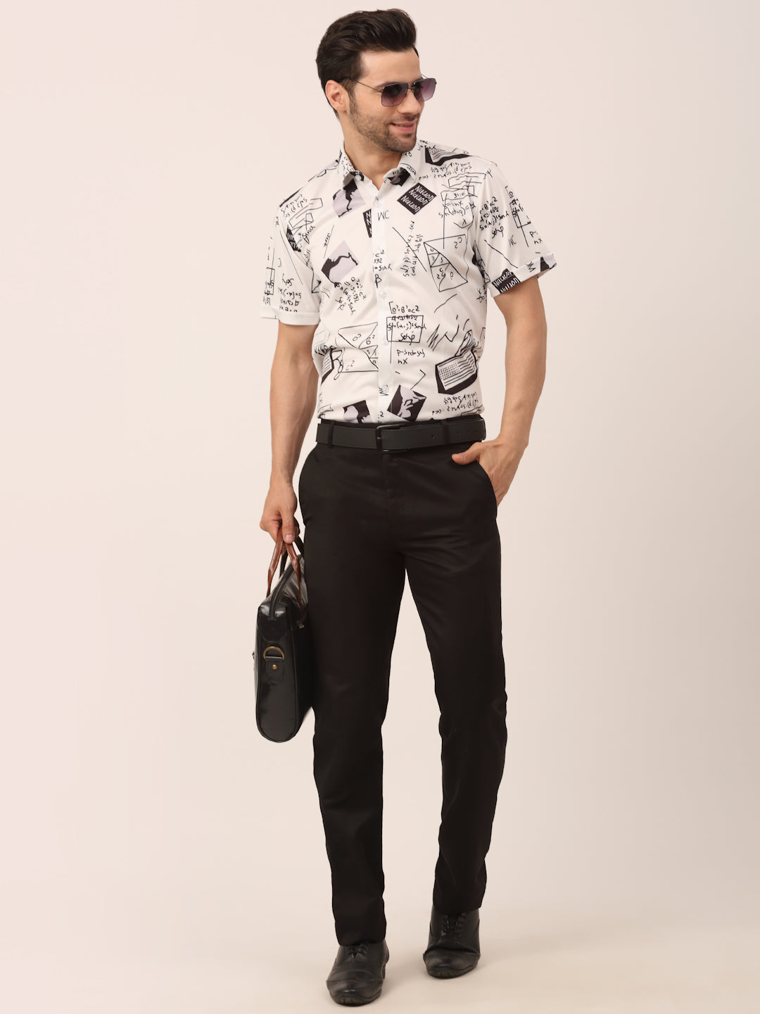 Indian Needle Men's White Printed Half Sleeve Formal Shirt
