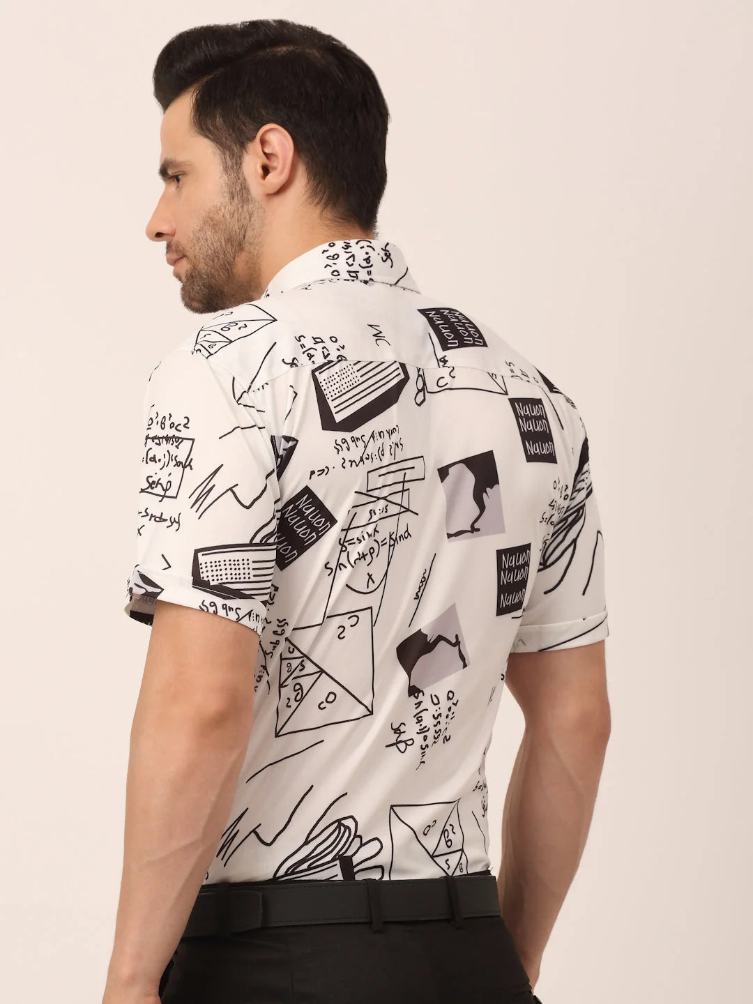 Indian Needle Men's White Printed Half Sleeve Formal Shirt
