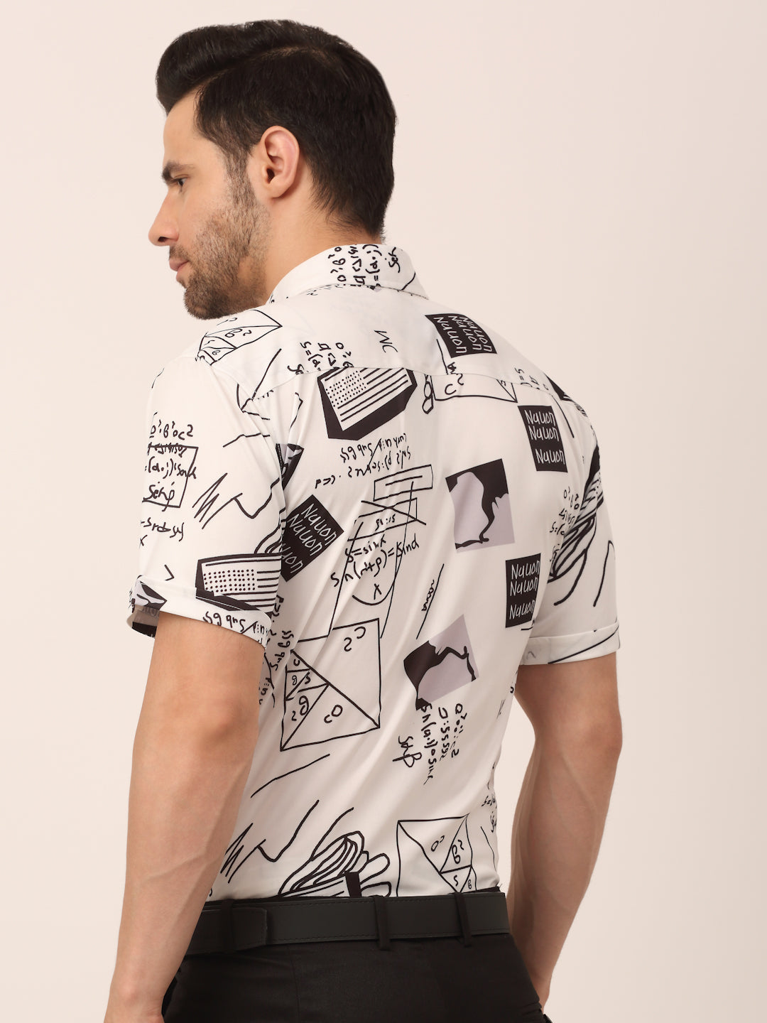 Indian Needle Men's White Printed Half Sleeve Formal Shirt