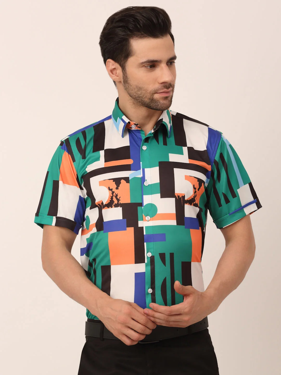Indian Needle Men's Lycra Printed Half Sleeve Formal Shirts-SF-814Green