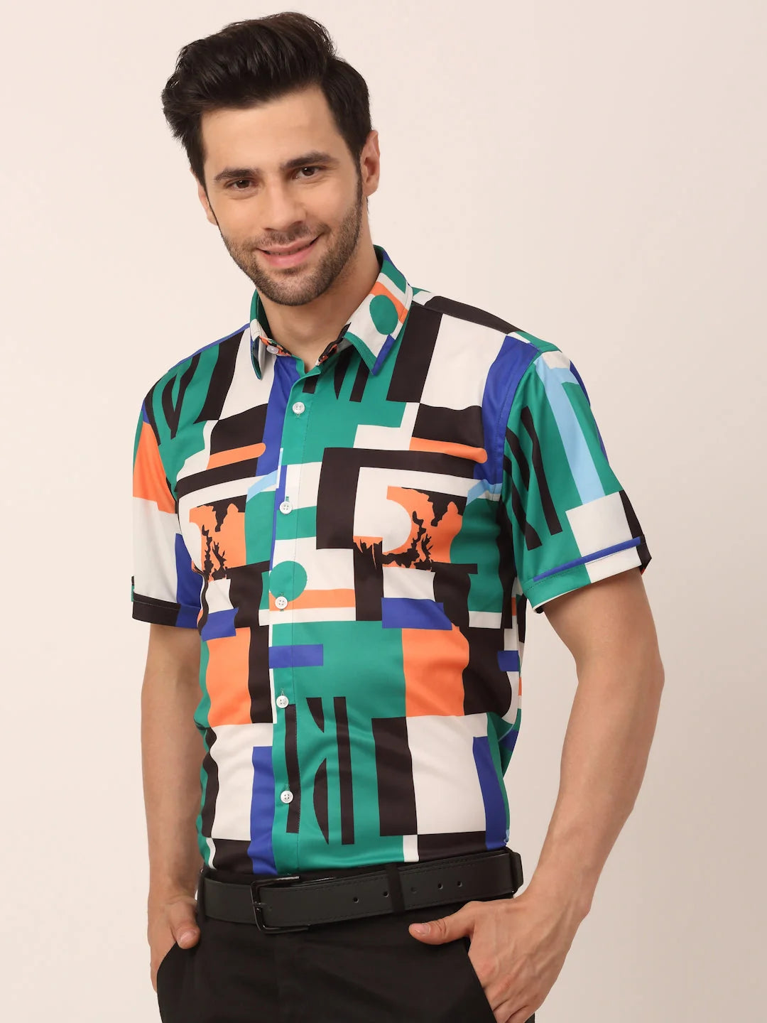 Green Printed Lycra Formal Shirts for Men - Half Sleeve