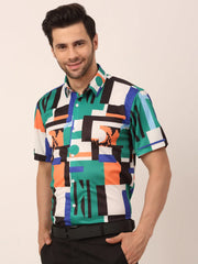 Indian Needle Men's Lycra Printed Half Sleeve Formal Shirts-SF-814Green