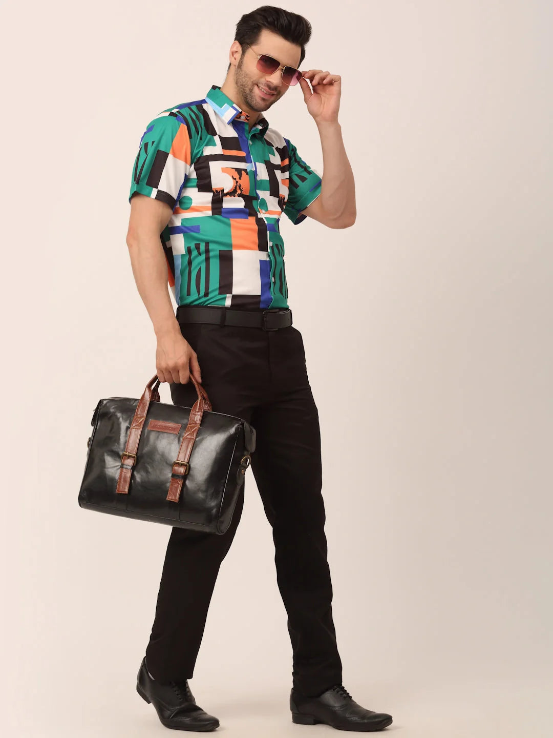 Green Printed Lycra Formal Shirts for Men - Half Sleeve