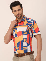 Indian Needle Men's Lycra Printed Half Sleeve Formal Shirts-SF-814Navy
