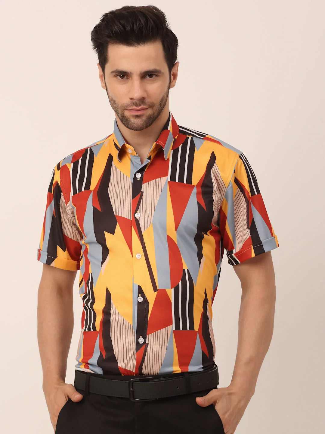 Yellow Printed Formal Shirts for Men - Lycra Half Sleeve