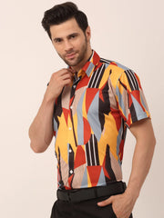 Indian Needle Men's Lycra Printed Half Sleeve Formal Shirts-SF-814Yellow