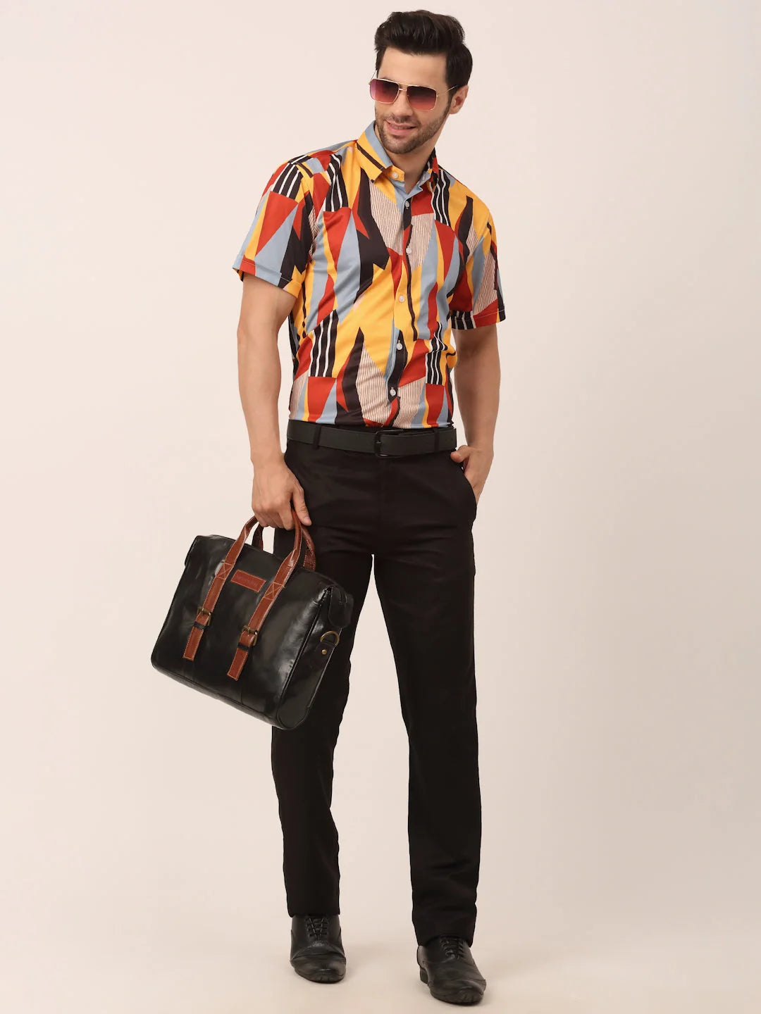 Yellow Printed Formal Shirts for Men - Lycra Half Sleeve