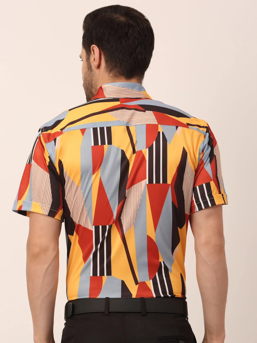 Yellow Printed Formal Shirts for Men - Lycra Half Sleeve