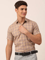 Indian Needle Men's Cotton Checked Half Sleeve Formal Shirts-SF-815Brown