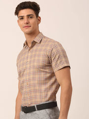 Indian Needle Men's Cotton Checked Half Sleeve Formal Shirts-SF-815Brown