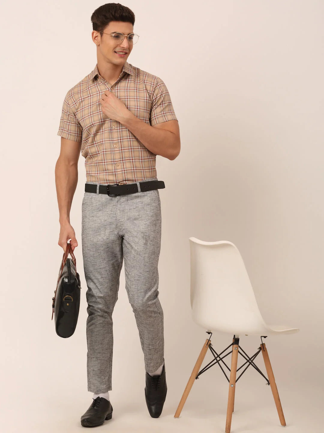 Men's Brown Checked Cotton Shirt - Half Sleeve Formal Shirts