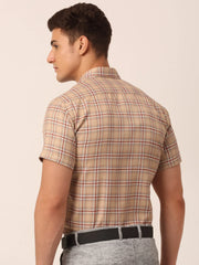 Indian Needle Men's Cotton Checked Half Sleeve Formal Shirts-SF-815Brown