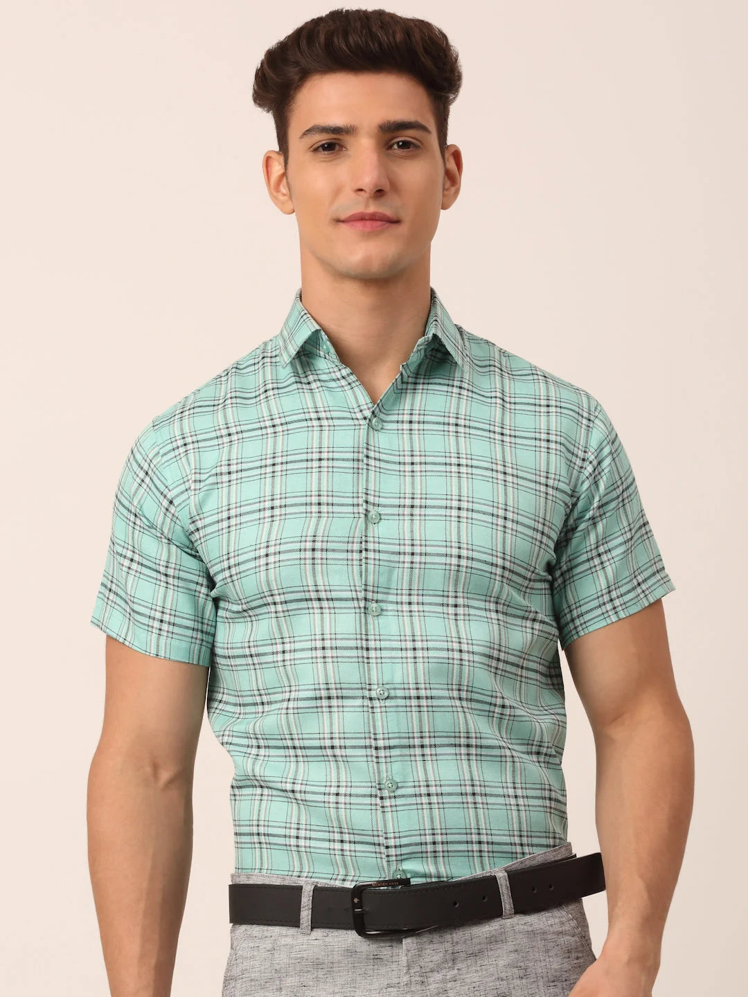 Indian Needle Men's Cotton Checked Half Sleeve Formal Shirts-SF-815Green