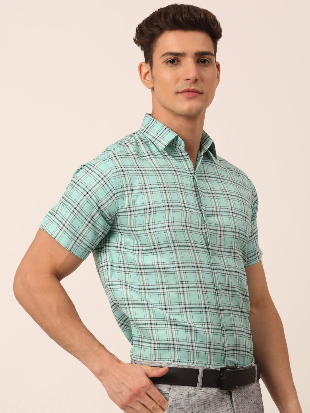 Green Checked Cotton Shirt - Mens Formal Shirts Indian Needle