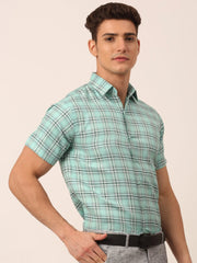 Indian Needle Men's Cotton Checked Half Sleeve Formal Shirts-SF-815Green