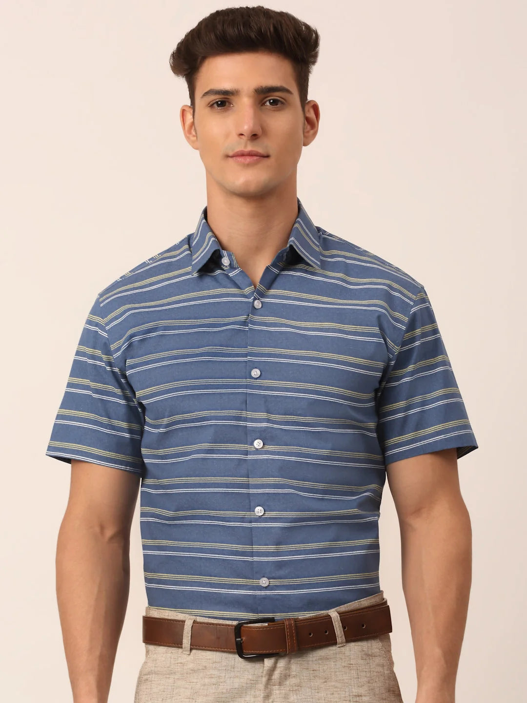 Indian Needle Men's Cotton Striped Half Sleeve Formal Shirts-SF-816Blue