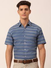 Indian Needle Men's Cotton Striped Half Sleeve Formal Shirts-SF-816Blue