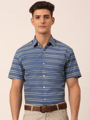 Indian Needle Men's Cotton Striped Half Sleeve Formal Shirts-SF-816Blue