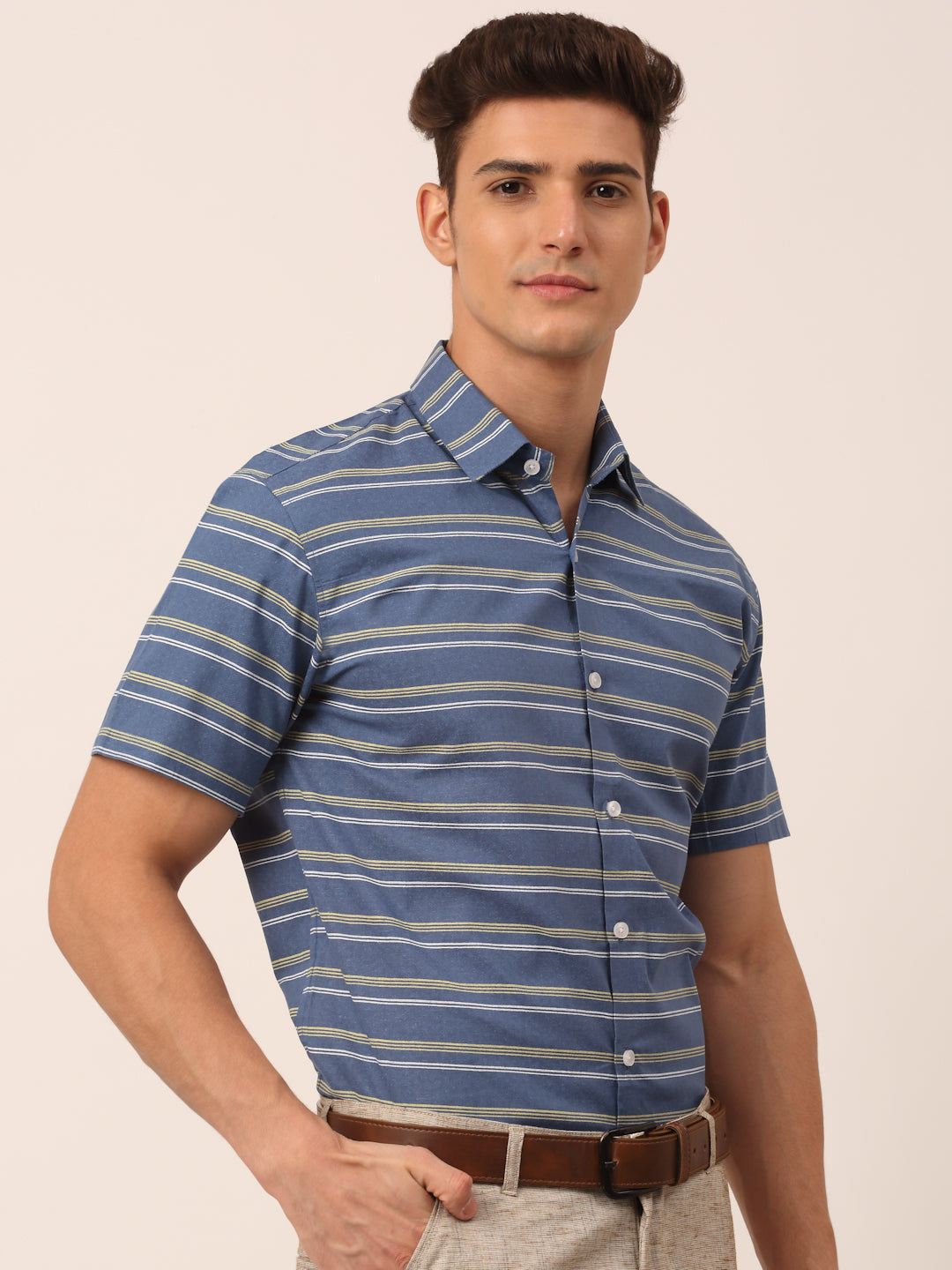 Blue Striped Cotton Shirt - Mens Formal Shirts Indian Needle