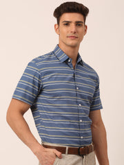 Indian Needle Men's Cotton Striped Half Sleeve Formal Shirts-SF-816Blue