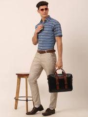 Indian Needle Men's Cotton Striped Half Sleeve Formal Shirts-SF-816Blue