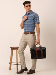 Indian Needle Men's Cotton Striped Half Sleeve Formal Shirts-SF-816Blue